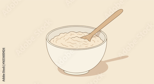 Oatmeal bowl with spoon on beige background, simple illustrative style
