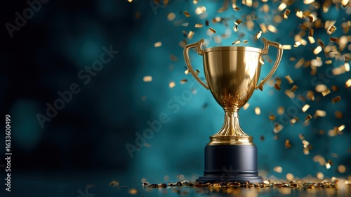 Golden trophy surrounded by sparkling confetti on a festive background during an awards celebration night