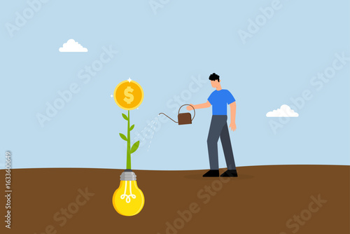 Monetize idea, businessman watering of growing money coun plants from bulb idea
