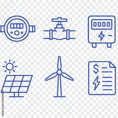 Collection of energy related icons including a water meter valve electricity meter solar panel wind turbine and bill isolated on transparent background
