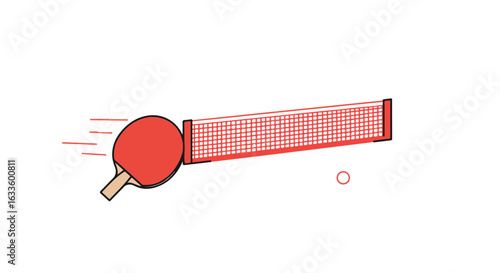 Ping pong paddle hits ball over net, action lines