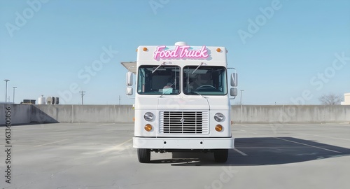 Modern White Food Truck Mockup with Pink Neon Sign Parked in a Large Empty Concrete Lot, Providing Ample Copy Space for Branding and Customization