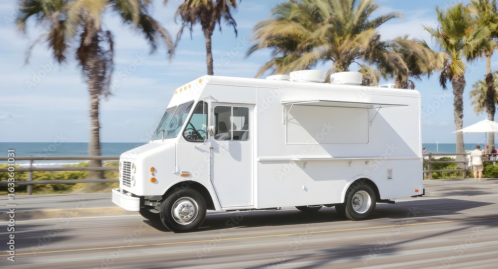 Naklejka premium White Food Truck Mockup Driving on a Sunny Coastal Road with Ocean and Palm Trees