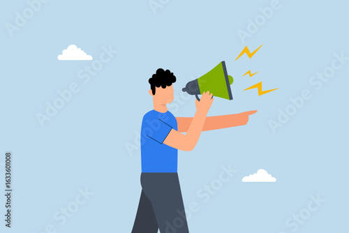 Manager authority, businessman rages shouting orders into a megaphone and pointing his finger