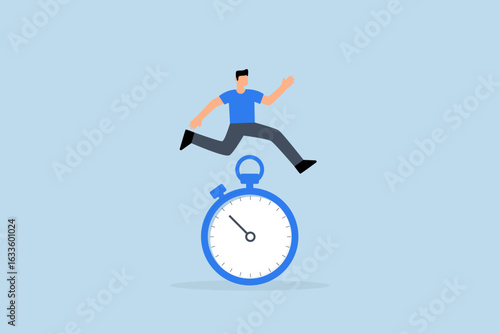 Sense of urgency, businessman running and jumping high above the countdown clock