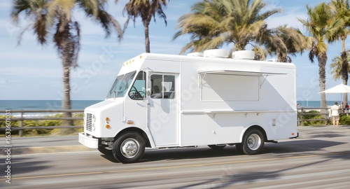 White Food Truck Mockup Driving on a Sunny Coastal Road with Ocean and Palm Trees