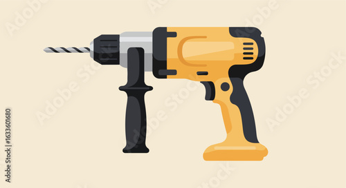 Yellow & black electric drill with twist drill bit against beige backdrop