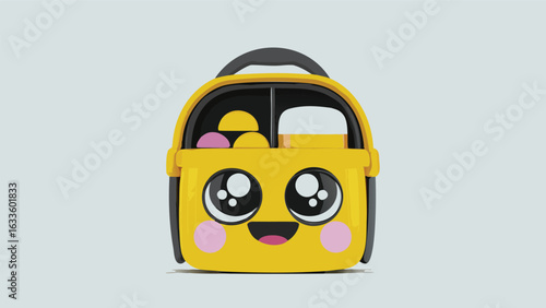 Illustration of a yellow lunchbox with a smiling face and round pink cheeks on a light background