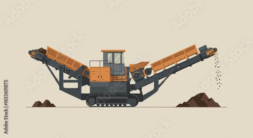 Rock-crushing machine processes earth into gravel, creating mounds