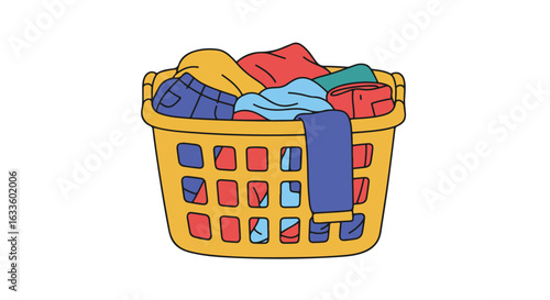Yellow laundry basket full of colorful clothes