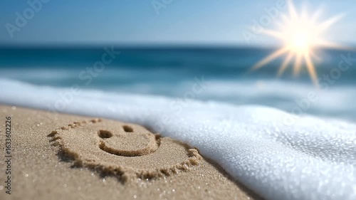 Smiley Face Sand Drawing on Summer Beach with Soft Lighting