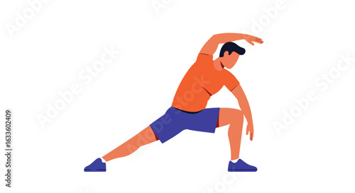 Man stretches in orange shirt and blue shorts