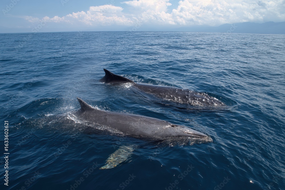 Fototapeta premium Dolphin and whale swimming together in tranquil blue ocean under bright sunny sky with distant mountains in background