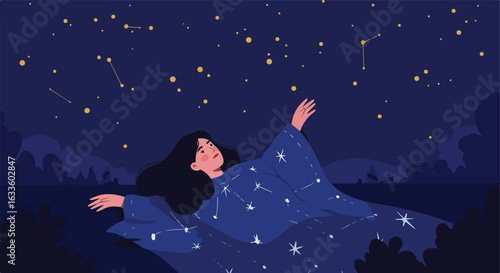Woman in starry cloak gazes at constellations in the night sky, serene and dreamy