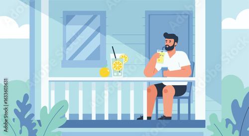 Cartoon of man sipping drink on porch