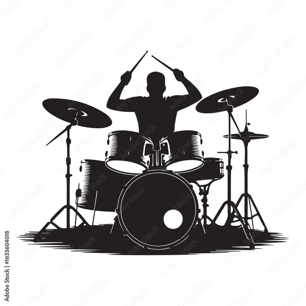Fototapeta premium Drummer Playing Drum Kit Silhouette Vector