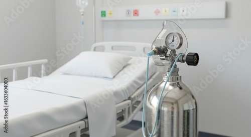 A sterile hospital environment featuring an oxygen tank next to an empty bed signifies medical
