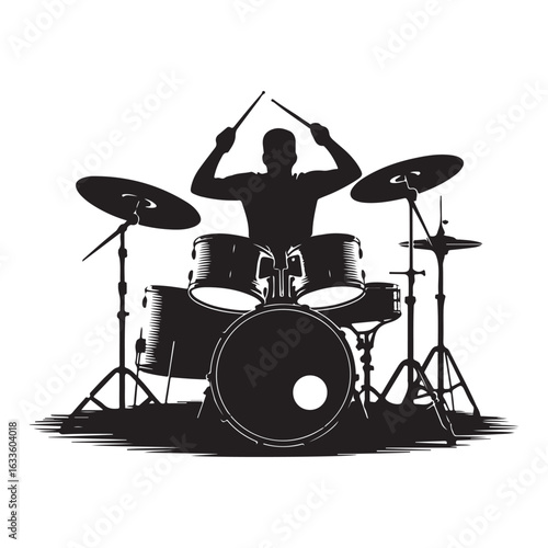 Drummer Playing Drum Kit Silhouette Vector