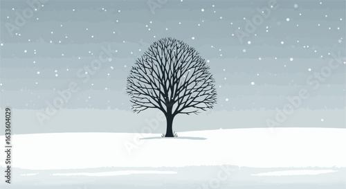 Sparse tree in snowy landscape, stylized, wintry, isolated, falling snow