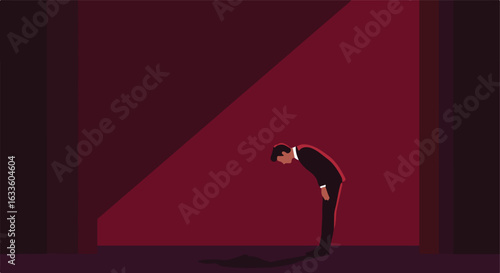 Red-toned art with a bowing man