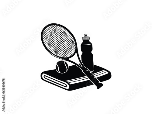 silhouette of tennis sports equipment: racket, ball, towel and drink holder isolated with white background 