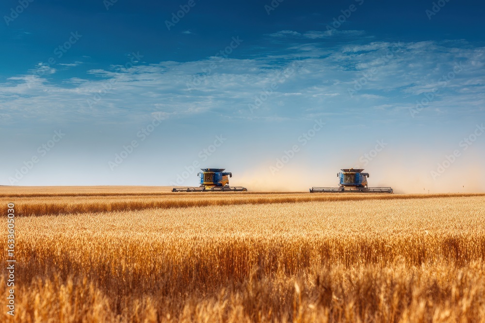 Obraz premium Harvesters operating in a vast golden wheat field under a clear blue sky during the summer months