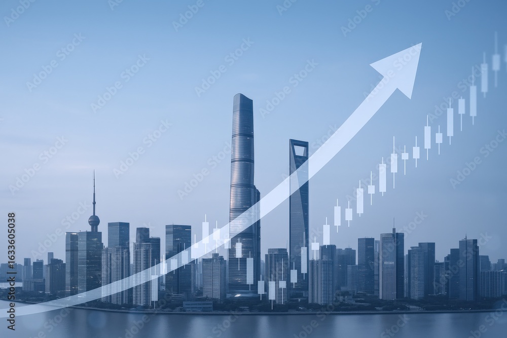 Fototapeta premium Shanghai Skyline with Upward Trend Overlay: Symbolizing Economic Growth and Financial Success in China