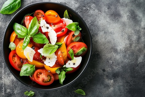 Colorful tomato and mozzarella salad in black bowl