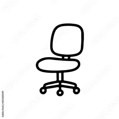 Simple black line icon of an office chair with wheels. Ideal for workplace, remote work, comfort, productivity, and office furniture concepts. Isolated vector illustration on white background.
