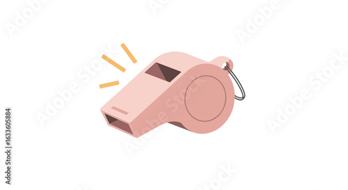 Pink plastic whistle with lanyard and sound waves on white