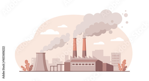 Cartoon factory spewing smoke with cityscape backdrop in a muted color scheme