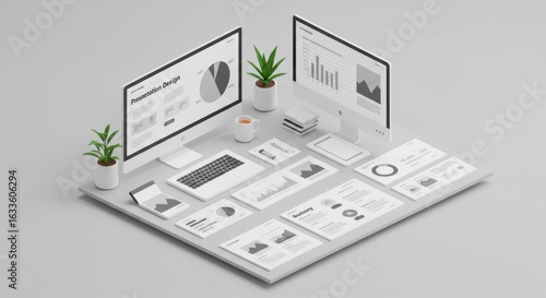 Isometric workstation setup showcasing presentation design and data analysis mockups