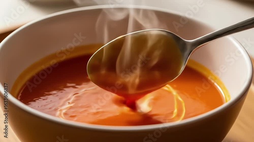 A steaming bowl of soup served on a cozy dining table.