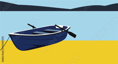 Simple art of a rowboat pulled up on sand with mountains in distance