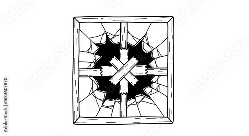Broken window with shattered glass in black and white sketch