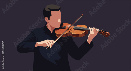 Violinist in blocky art plays instrument against a dark, solid background