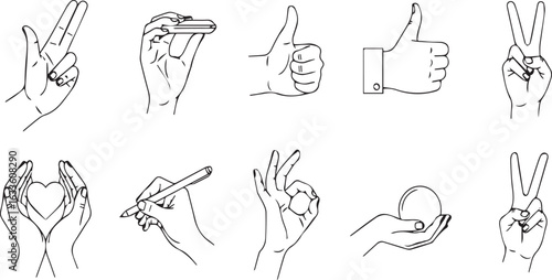 Collection of hand gestures line art on white background