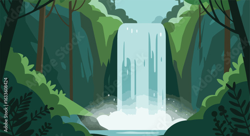 Waterfall cascading in green woods with flat, simplified aesthetic