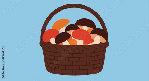Woven basket filled with assorted colorful mushrooms on pale blue background