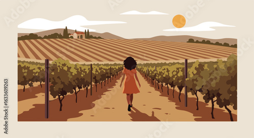 A woman strolls through a vineyard toward distant fields and a house