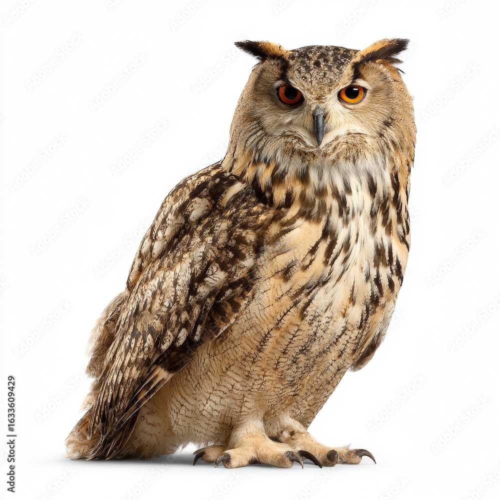 Obraz premium A captivating Eurasian Eagle Owl, showcasing its distinctive features in stunning detail. This majestic owl is captured in a striking pose, with a captivating gaze