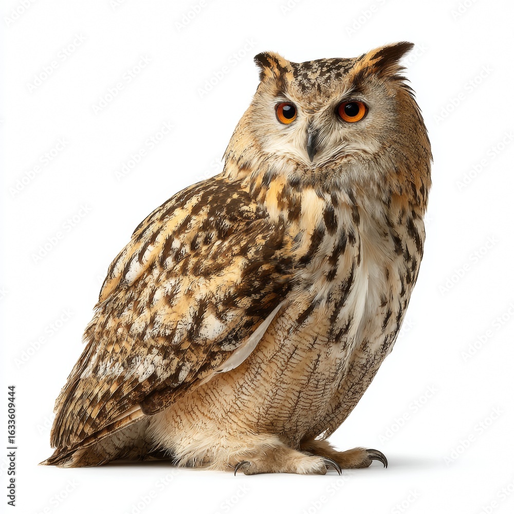 Naklejka premium A captivating portrait of a majestic owl with piercing eyes, observing attentively. The owl showcases a blend of intricate details in its feathers