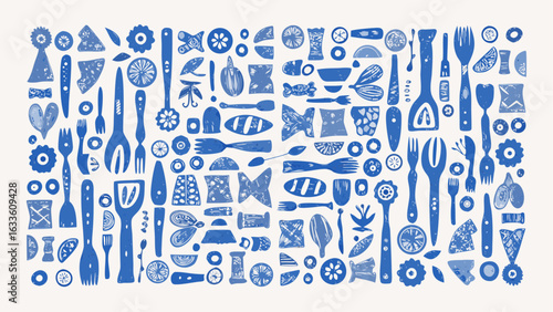 Blue kitchen utensils and food items arranged in a pattern on a white background design image