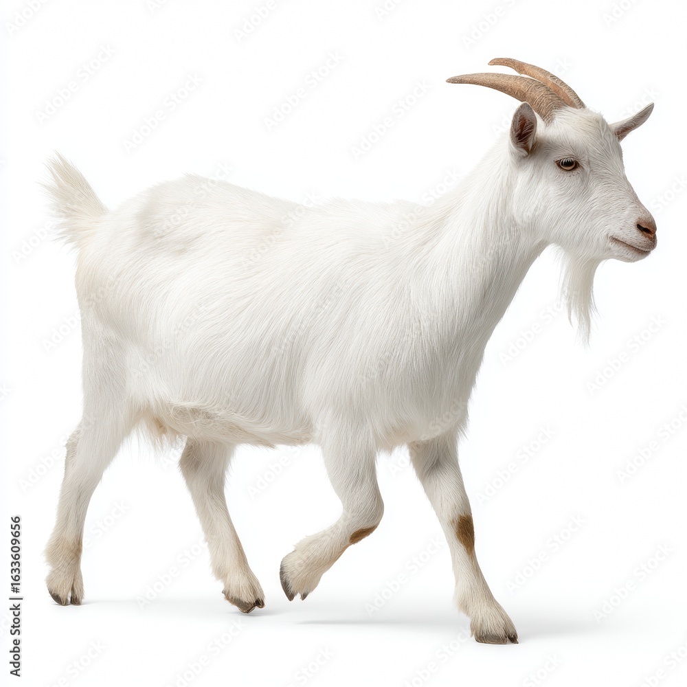 Fototapeta premium A single, elegant white goat gracefully walking, showcasing its horns and beard. The goat appears healthy and alert, possibly a Saanen breed.
