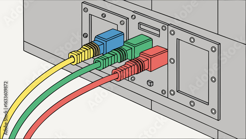 Fiber optic cables connected to a server patch panel for network communication and data transmission systems