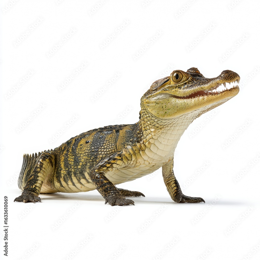 Naklejka premium A fascinating view of a young alligator with sharp teeth and an intriguing gaze. The image captures the raw beauty of nature, highlighting the unique features of this reptile