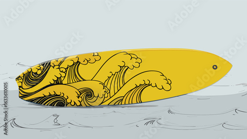 Yellow surfboard with black wave design floating on water with a light gray background illustration
