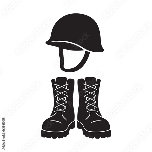 Military Boots and Helmet Silhouette Illustration

