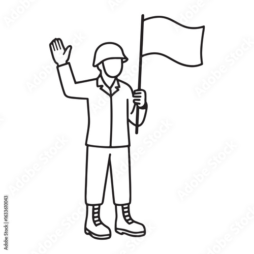 Soldier Holding Flag Line Art Illustration

