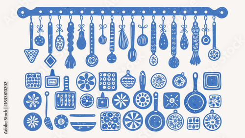 A collection of hanging and stacked blue kitchen utensils in a decorative artistic arrangement